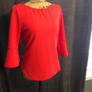 Dark pink blouse with ruffle sleeves.